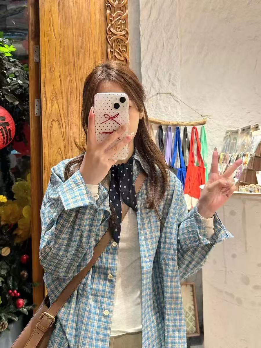 Original fabric blue plaid shirt top for women new summer thin style lazy style casual loose