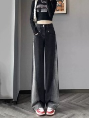 Gradient Color Clash Wide Leg Women's Jeans 2025 Spring New Black and Gray High-Waisted Straight Leg Floor-Length Pants