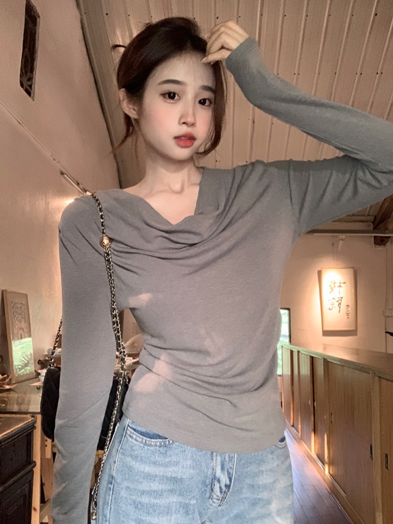 實拍1*1莫代爾長袖t恤女裝2025早春新款薄款修身打底衫堆堆領上衣