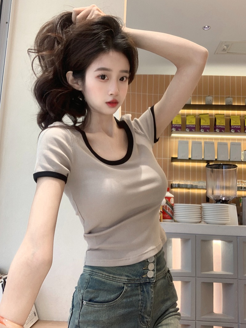 Real shot 1*1 thread 210g short-sleeved T-shirt 2025 summer solid color slim short front shoulder contrast collar Korean women's clothing