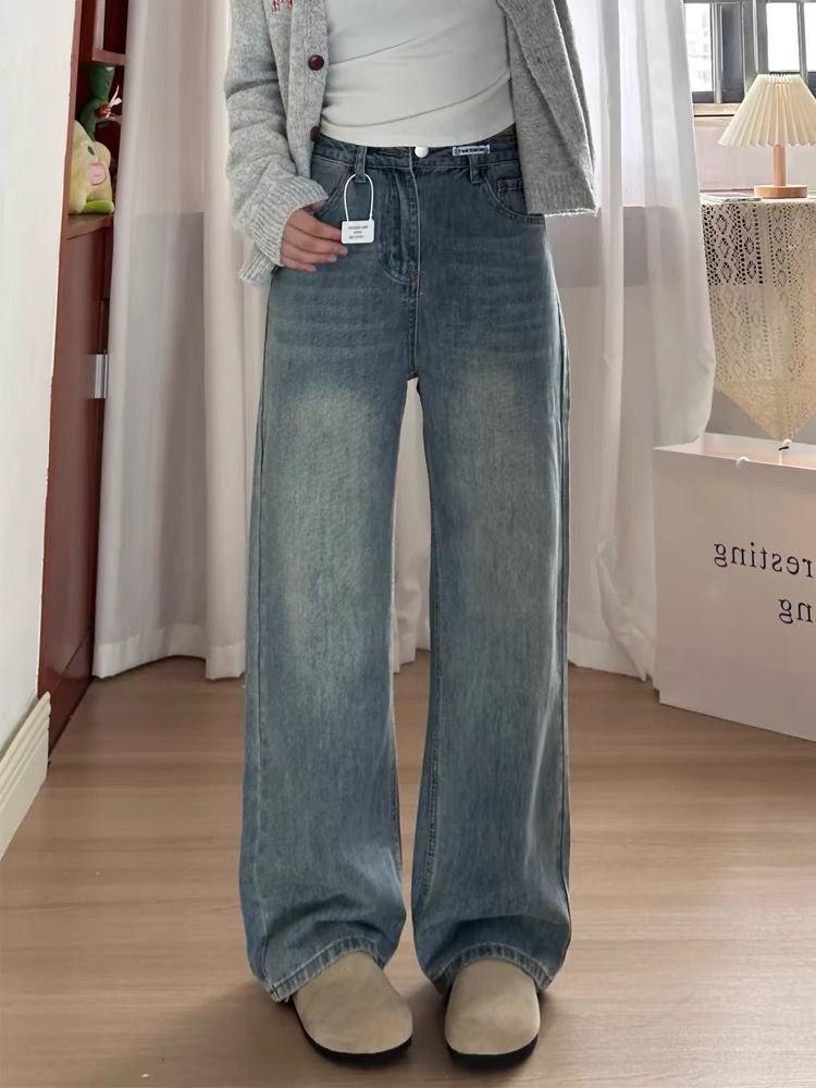 藍色闊腿牛仔褲女高腰寬鬆大碼胖mm顯瘦梨形身材小個子窄版直筒褲