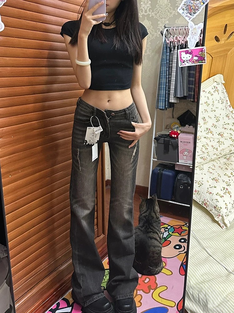 美式復古水洗懷舊破壞鉚釘微喇褲女春季修身顯瘦百搭牛仔褲子