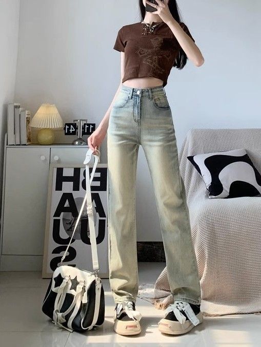 歐美風黃泥彈力做舊直筒牛仔褲女秋季新款高腰小個子復古長褲