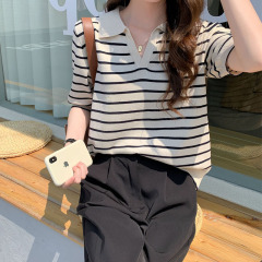 2025年新款復古條紋寬鬆POLO領短袖t恤針織衫女夏季甜美別致上衣