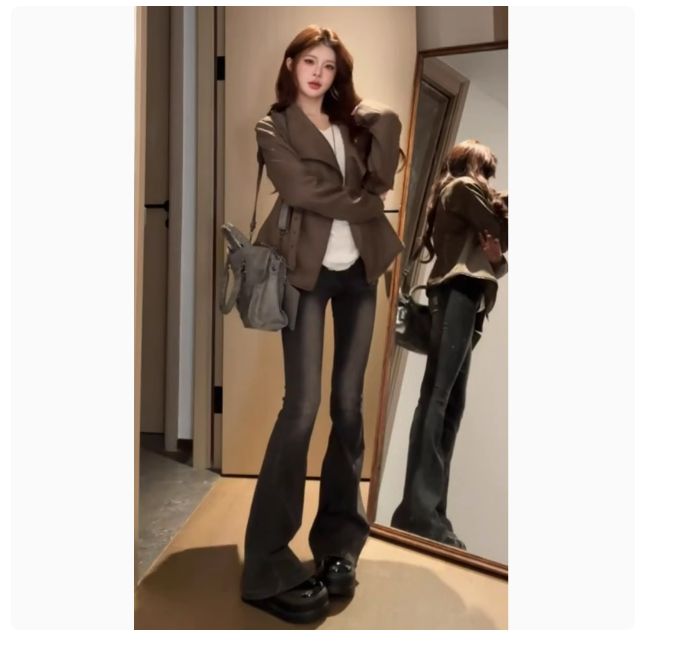 美式復古深色微喇叭牛仔褲女春秋新款高腰彈力顯瘦拖地馬蹄褲
