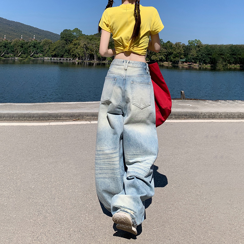 Real shot American retro washing high waist loose wide-leg pants versatile draped ripped straight jeans for women