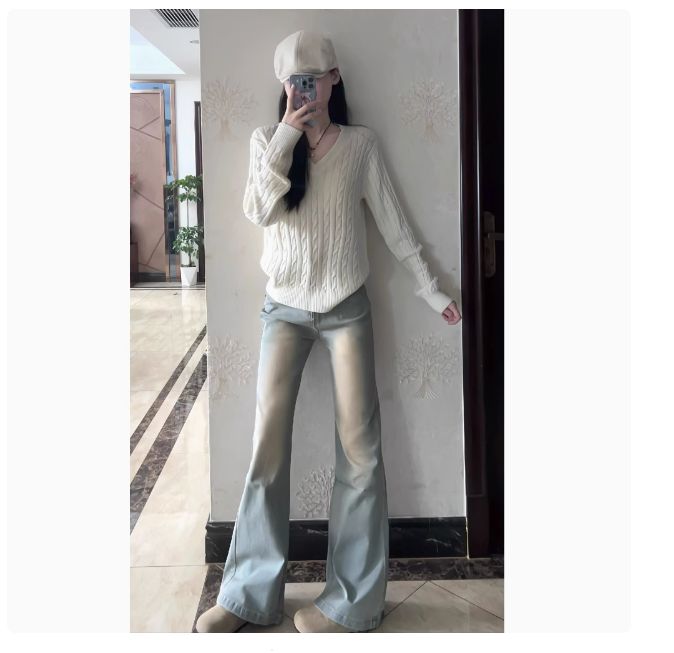 淺色微喇叭牛仔褲女春秋新款高腰寬鬆顯瘦美式復古辣妹拖地馬蹄褲