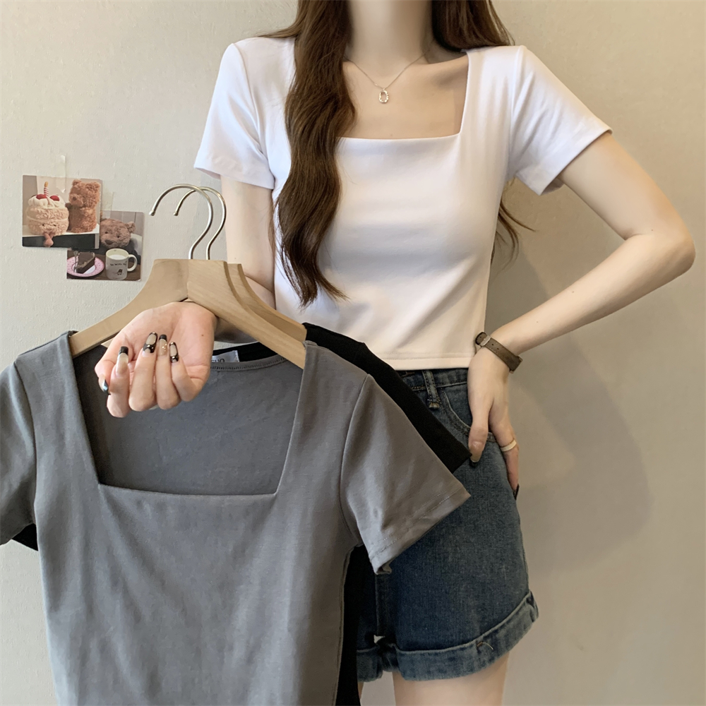實拍 40支純棉210克92棉/8氨綸短袖T恤女方領純色