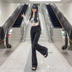 微喇叭牛仔褲女新款顯瘦寬鬆拖地黑灰色闊腿馬蹄褲子