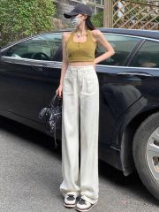 白色闊腿牛仔褲女窄版直筒寬鬆2025新款設計感高腰垂感拖地長褲子