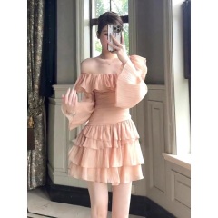Korean-style ballet orange one-shoulder dress with pleated hem, waist-cinching, slimming, cake fairy dress, summer new arrival