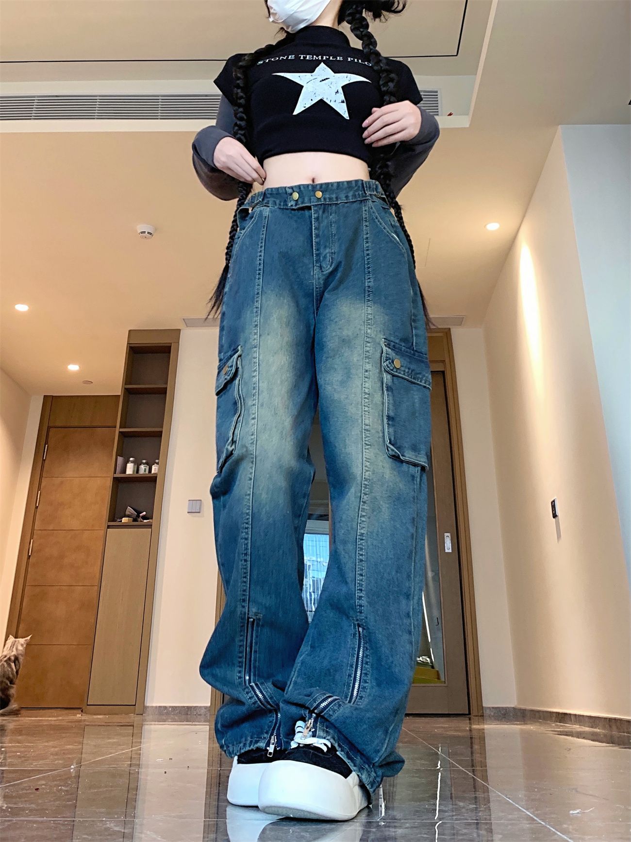 實拍！！！ 新款辣妹拉鏈牛仔褲女四季街頭微喇拖地褲子潮流