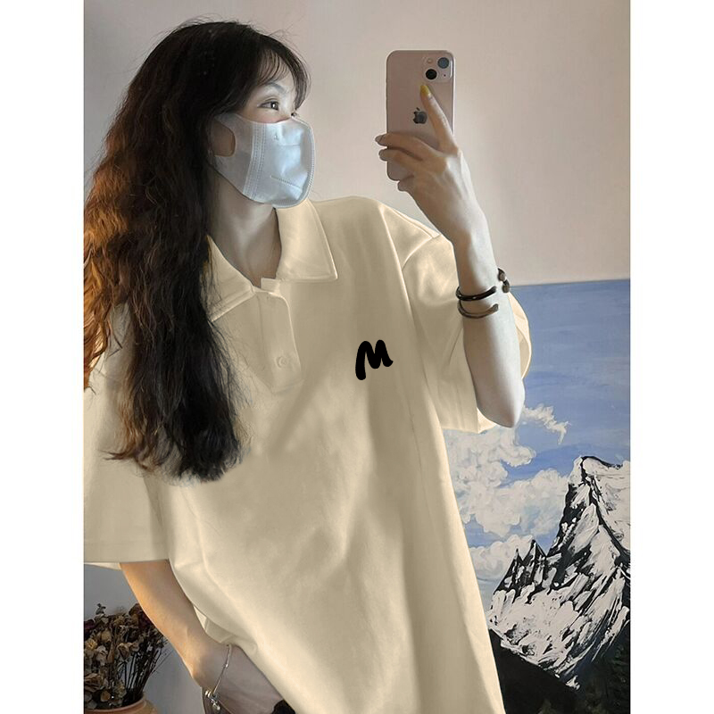 21 combed pure cotton 200g live quality front printed loose lapel short-sleeved T-shirt for women