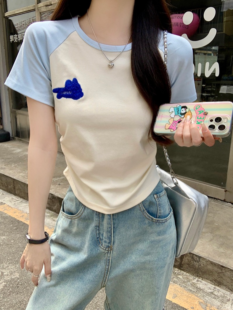 Real shot 1*1 thread 210g short-sleeved T-shirt summer 2025 raglan sleeves front shoulder slim short round neck top for women