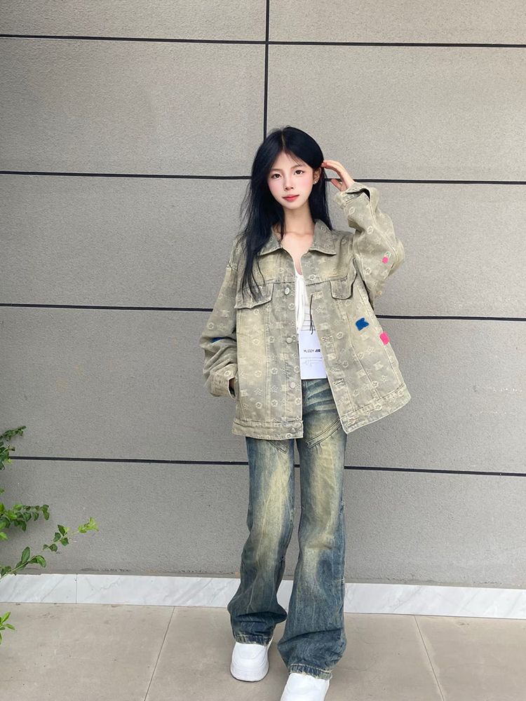 Vintage American High Street Mud Washed Retro Women's Spring Autumn Winter Small Figure Loose Trend Brand Jacket