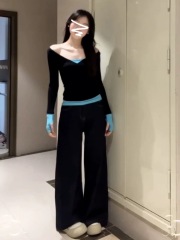 Spring new pure desire outfit suit fake two-piece v-neck long-sleeved T-shirt top dark blue wide-leg jeans two-piece set