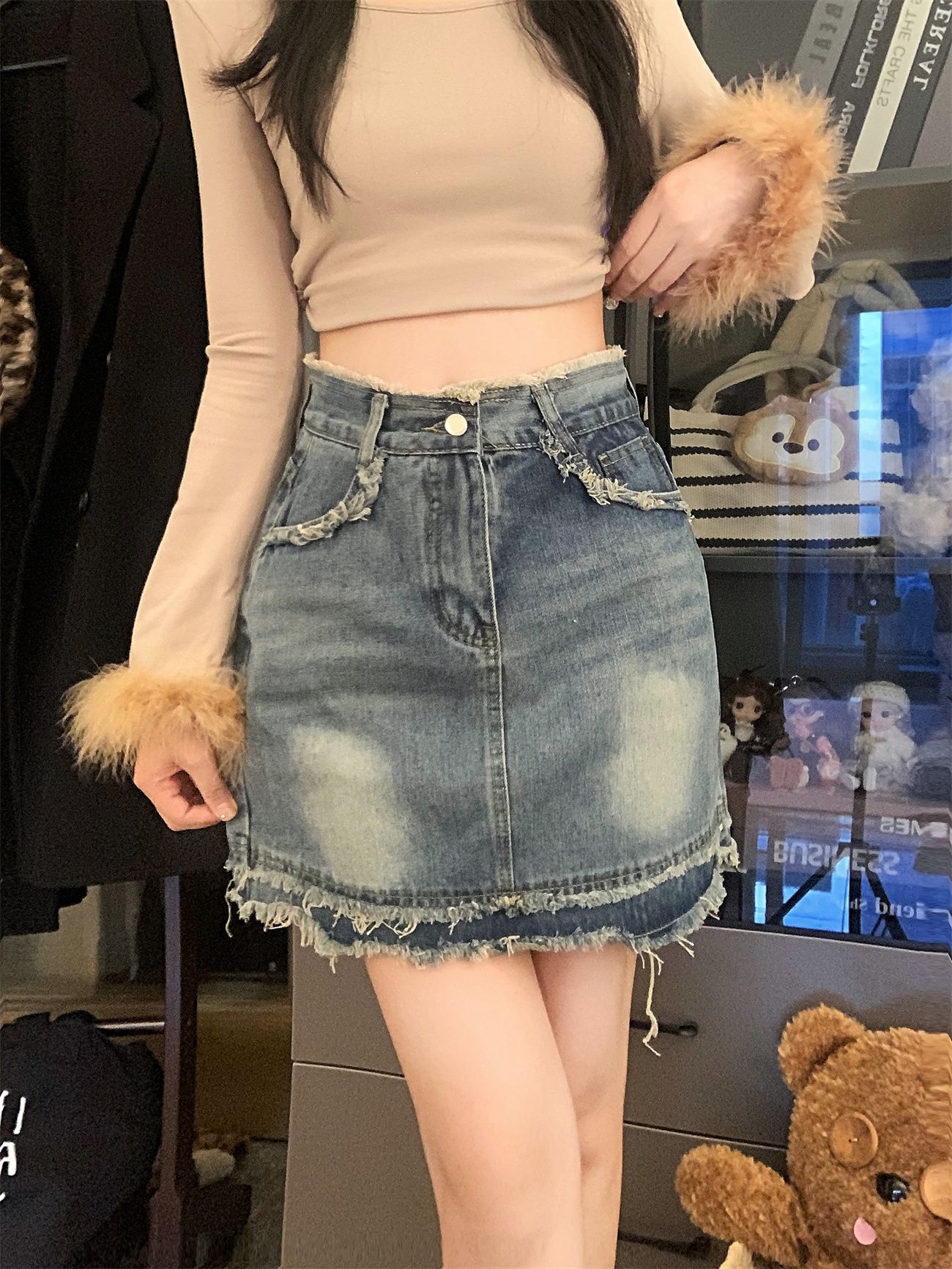 實拍！！！復古美式毛邊牛仔半身裙女高腰包臀裙A字裙短裙子