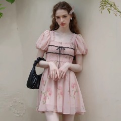 原版做工粉色連衣裙法式溫柔浪漫仙女裙短款純欲風甜美碎花裙