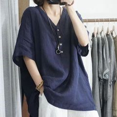 Cotton and linen short-sleeved loose large-size top women's summer thin style fashionable summer mother pure cotton shirt
