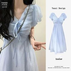 Zippered blue chiffon dress for women in women's summer 2025 small fragrance style small high-end v-neck long skirt