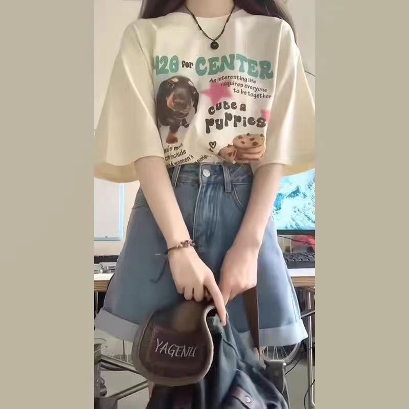 200g combed and tight-fitting sprinkler, pure cotton backpack, spring and summer loose shoulder printed short-sleeved T-shirt