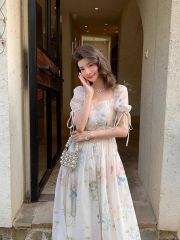 French floral dress for women in summer square neckline temperament celebrity fresh sweet slim tea break long skirt