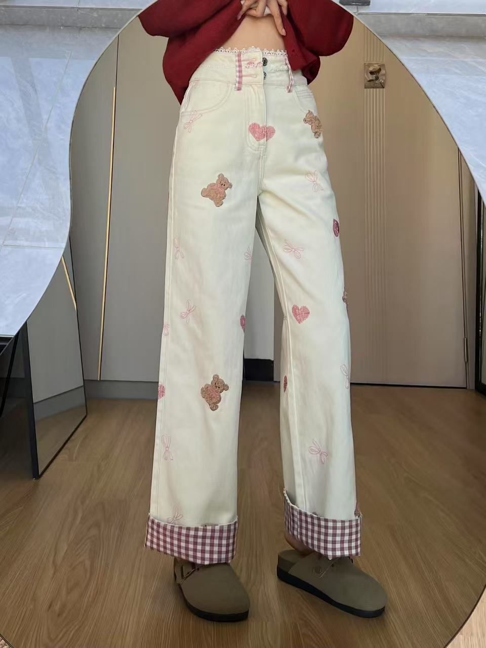 2025 summer bear embroidered lace spliced ​​wide-leg jeans for women with high waist straight plaid curly trousers