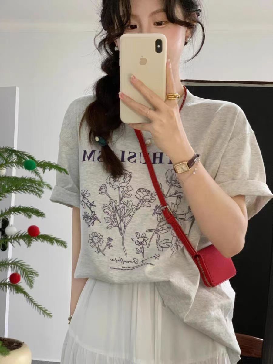 200g combed and tight-fitting sprinkler, pure cotton backpack, spring and summer loose shoulder printed short-sleeved T-shirt