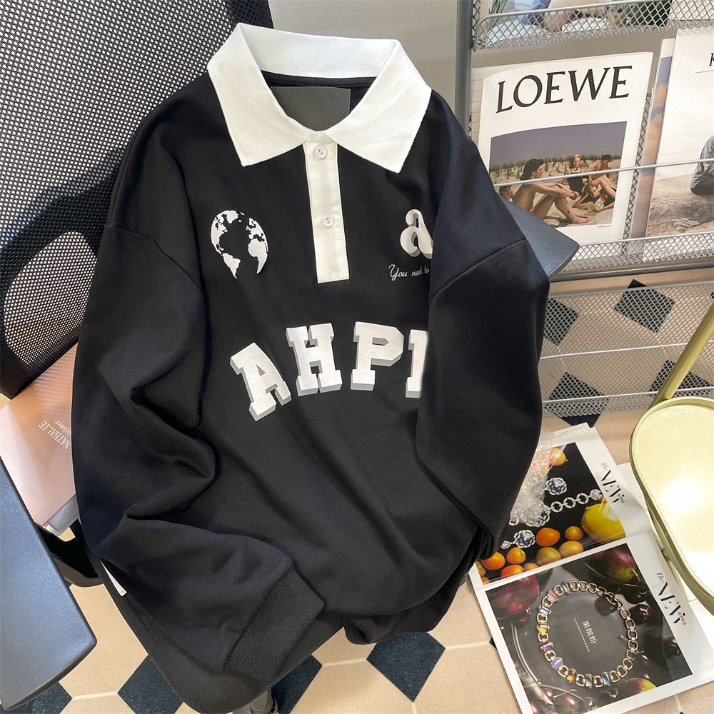 早春嘻哈ins拼接撞色學生polo衫寬鬆長袖t恤女男女 同款