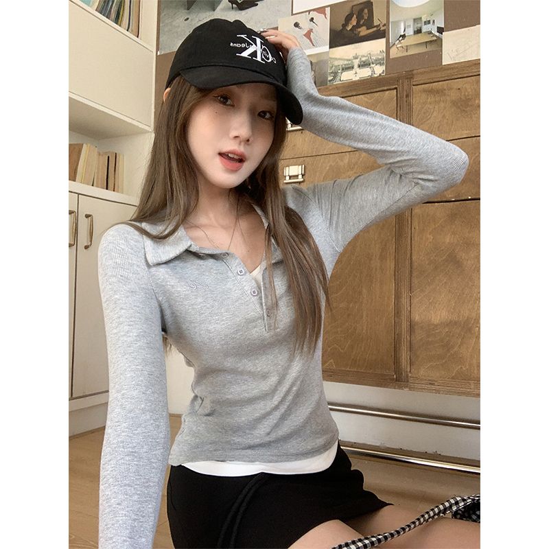 Real shot of gray fake two-piece spliced ​​polo collar long-sleeved T-shirt for women slim base shirt underwear