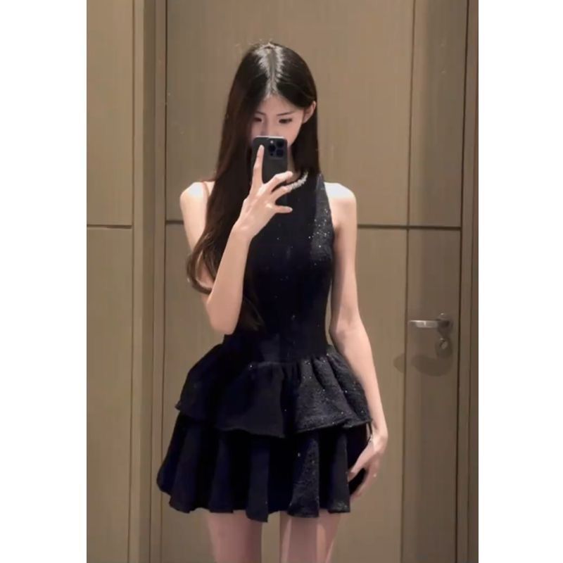 2025 summer new style thin flash diamond collar daughter black skirt vest skirt birthday dress women's waist dress