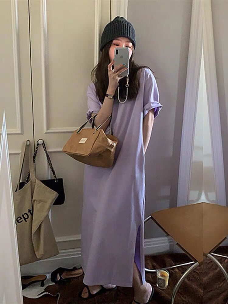 5505# summer pure cotton short-sleeved hem slit niche large size loose dress for women's pocket design long skirt