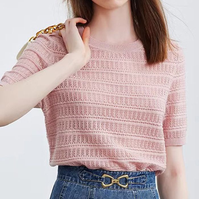 Sweet and gentle style hollow sweater in summer French temperament unique and special base shirt fashionable simple top for women