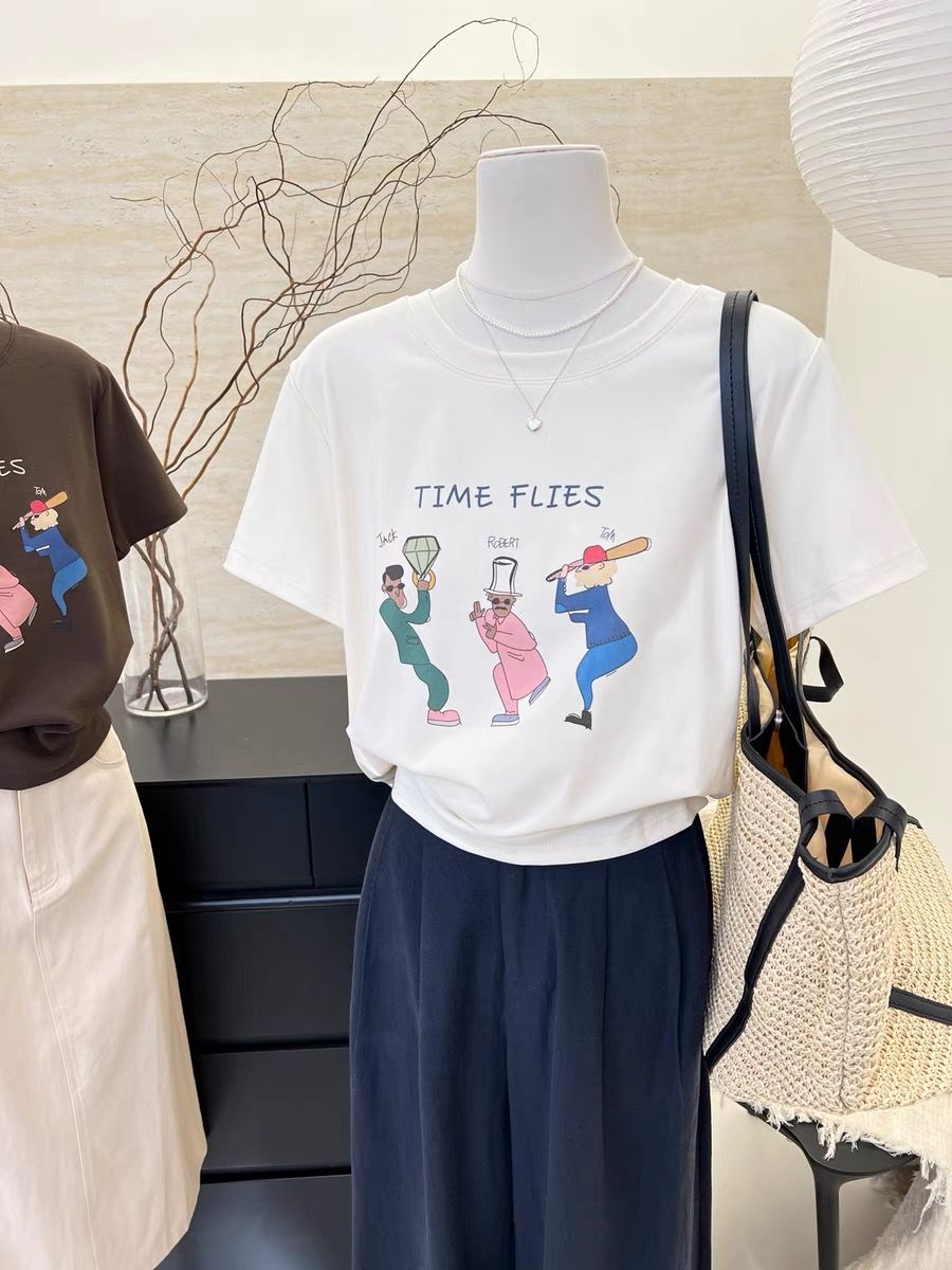200g combed and tight-fitting sprinkler, pure cotton backpack, spring and summer loose shoulder printed short-sleeved T-shirt