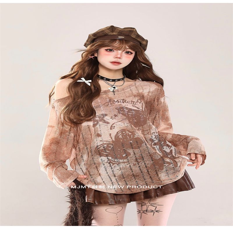 Korean lazy butterfly printed off-shoulder top for women in summer new sweet hot girl chic loose slim long-sleeved T-shirt