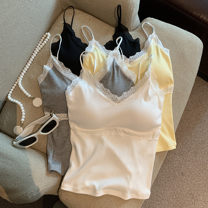 Real photos of spring and summer pure lace V-neck threaded suspender vest women's slim body