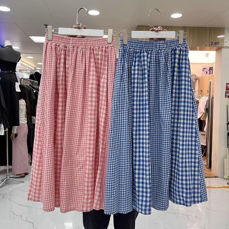 Korean fresh blue plaid skirt mid-length A-line skirt for women in summer new literary skirt temperament long skirt