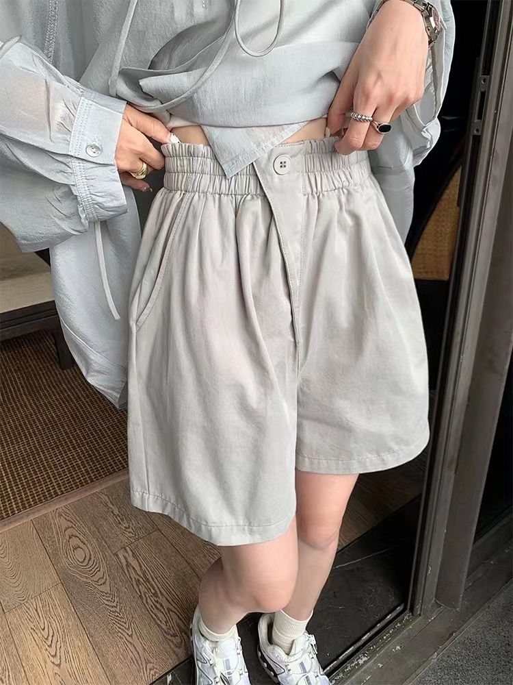 水洗100%棉 夏季闊腿短褲女鬆緊高腰一粒扣休閒五分中褲