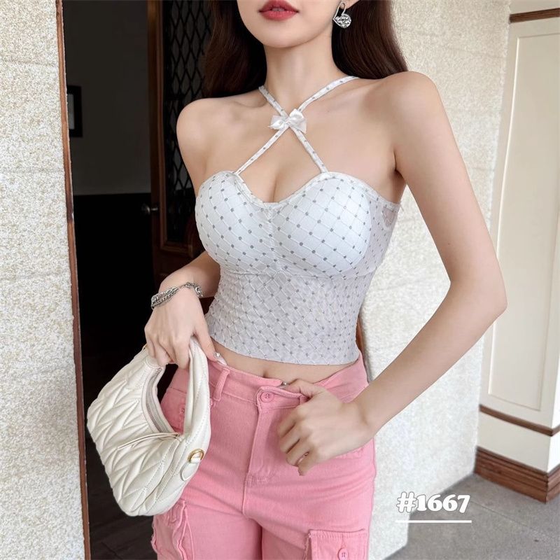 波點吊帶背心女夏季修身辣妹顯瘦花邊短款露背上衣顯瘦