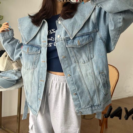Doll collar with belt, mid-length denim jacket