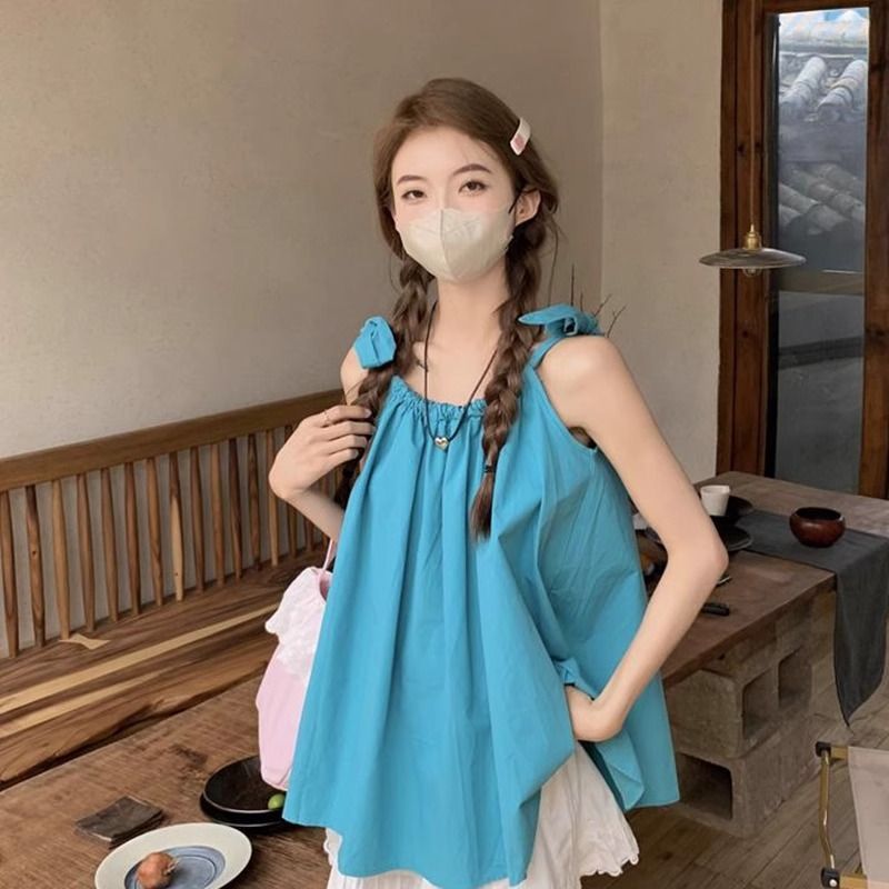 Pure desire blue v-neck suspender vest for women in summer loose outerwear design seaside vacation strap sleeveless top