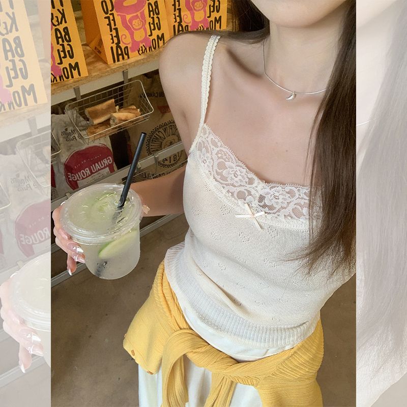 Real photo of BM new lace lace bow love embroidery knitted slim fit pure desire wear suspender top