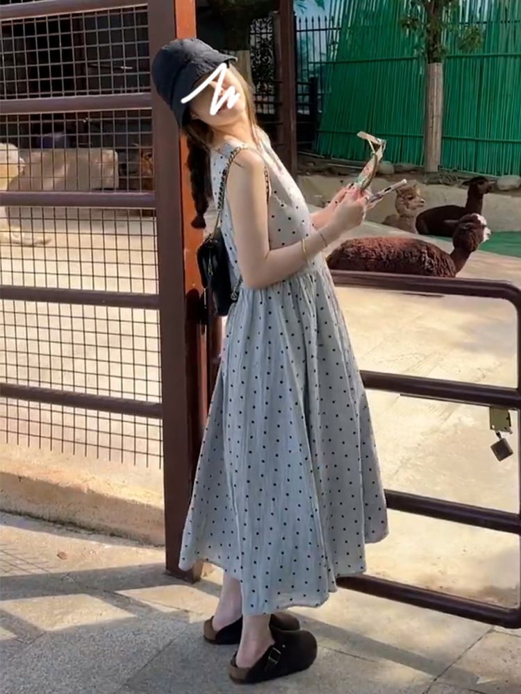 Polka dot sleeveless vest dress for women in summer 2025 new style French style slim long skirt