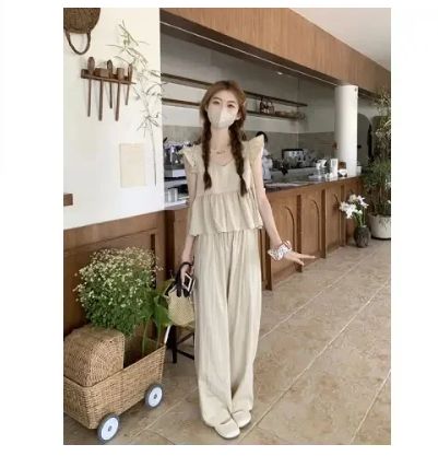 Salt-style wear small flying sleeve short doll shirt top high waist casual wide-leg pants women's summer new fashion suit