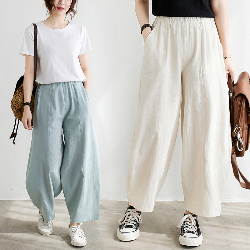Live-shoot Spring and Summer Cotton Linen Women's New Collection Nianbaixiu Textile National Style Retro Ramie Washable Versatile Lantern Pants