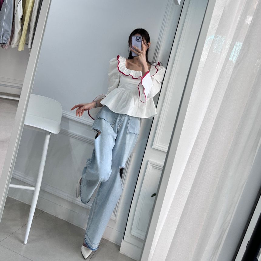 Retro wash ripped pocket wide-leg denim trousers