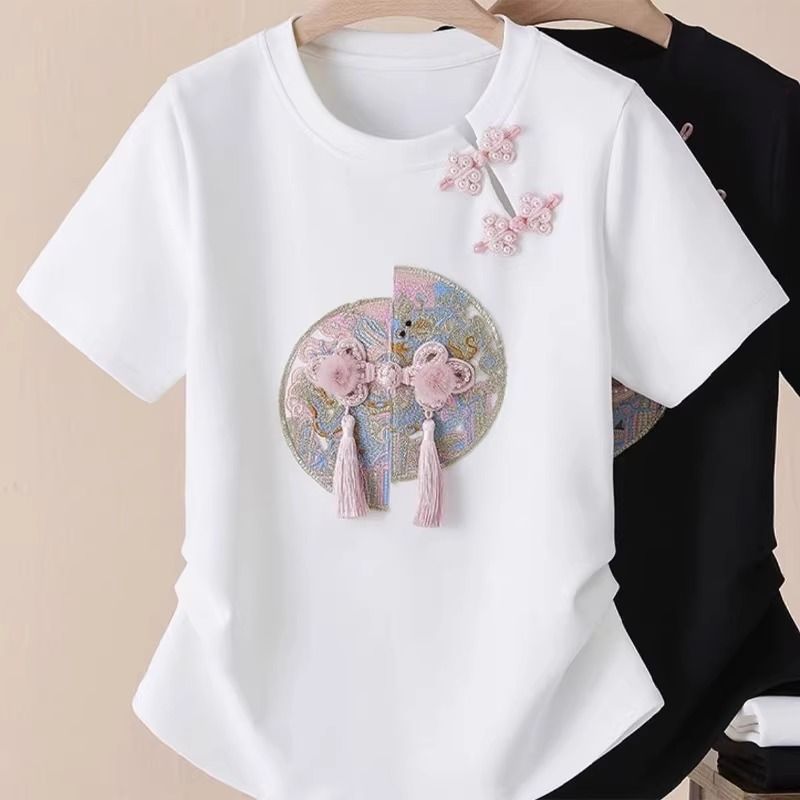 Original workmanship new Chinese short-sleeved round neck T-shirt for women in summer new design Chinese style embroidered top pure color