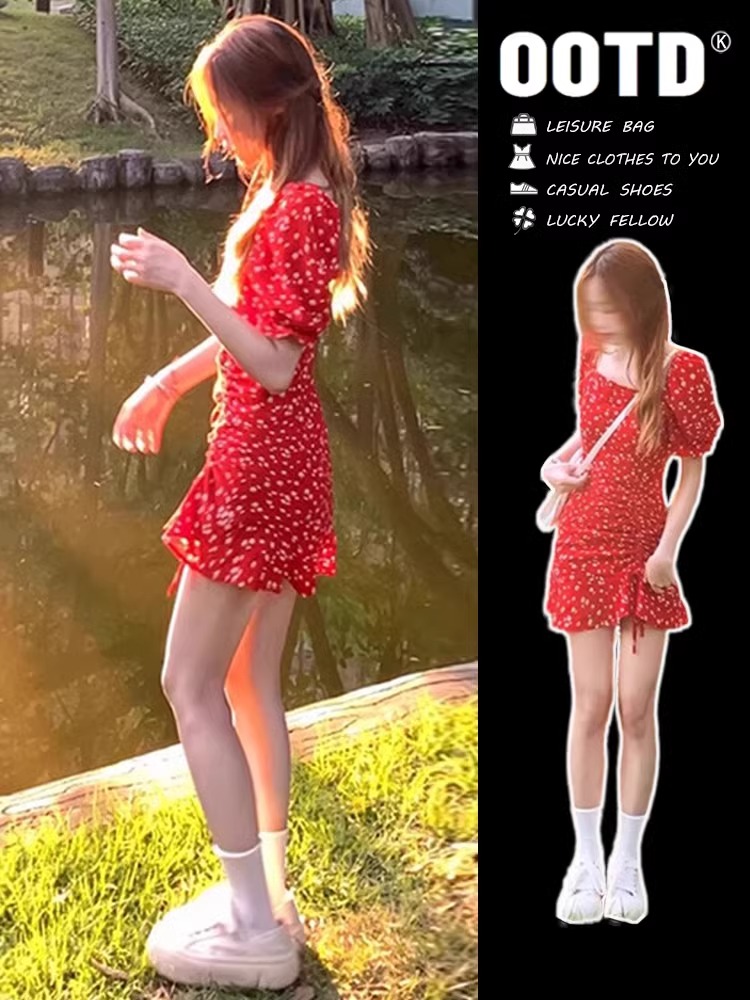 2025新款小個子法式方領紅色碎花連衣裙子夏季女裝泡泡袖收腰短裙