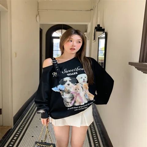 European Station 2025 early spring new fashion street-fried loose Korean version off-shoulder print mid-length long-sleeved sweatshirt for women