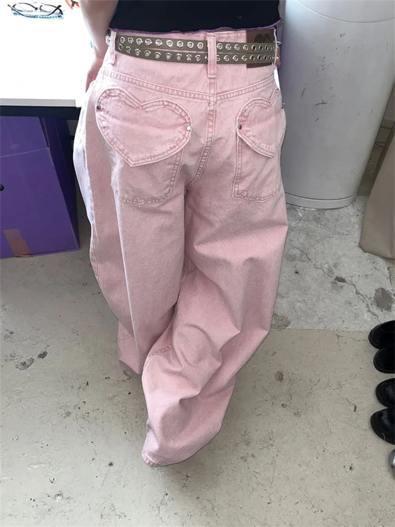 Pocket love heart shape retro high waist grinding white loose banana pants jeans